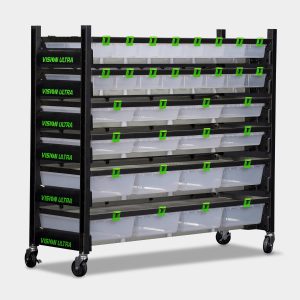 short 8 tub hybrid vision ultra rodent breeder rack 52.2 inches tall 63.9 inches long front view diagram