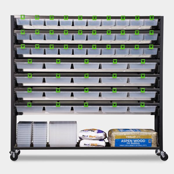 Standard 10 Tub Vision Ultra Rodent Rack With Supply Shelf 69.5 Inches Tall 78.7 Inches Long Front View