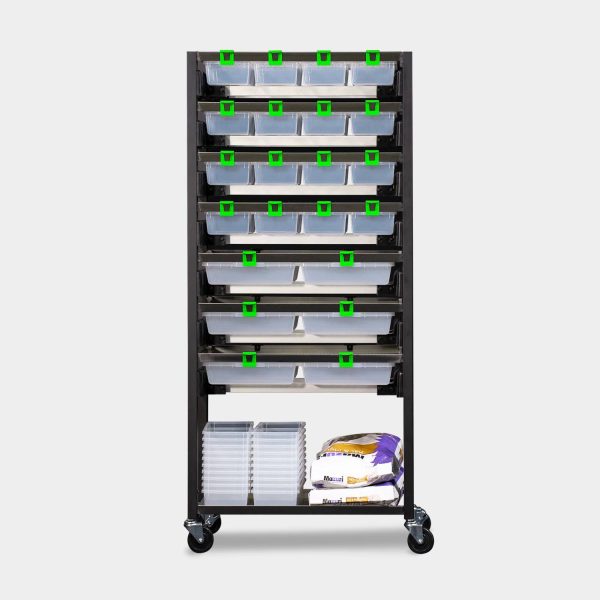 Standard 4 Tub Vision Ultra Rodent Rack With Supply Shelf 69.5 Inches Tall 34.3 Inches Long Front View