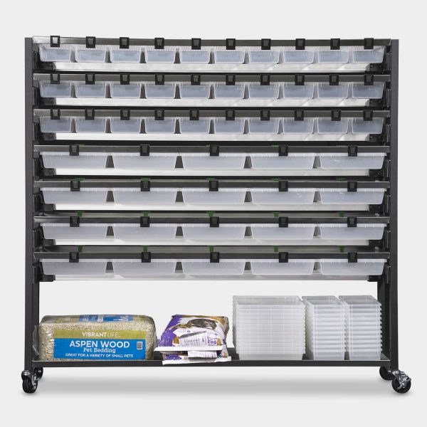 Standard 10 Tub Hybrid Vision Ultra Rodent Breeding Rack 69.5 Inches Tall 34.3 Inches Long Back View with Supply Tray