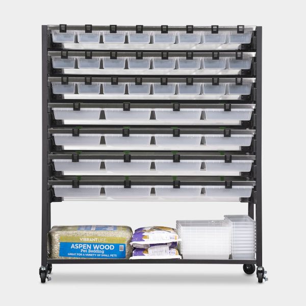 Standard 8 Tub Hybrid Vision Ultra Rodent Breeding Rack 69.5 Inches Tall 34.3 Inches Long Back View with Supply Tray